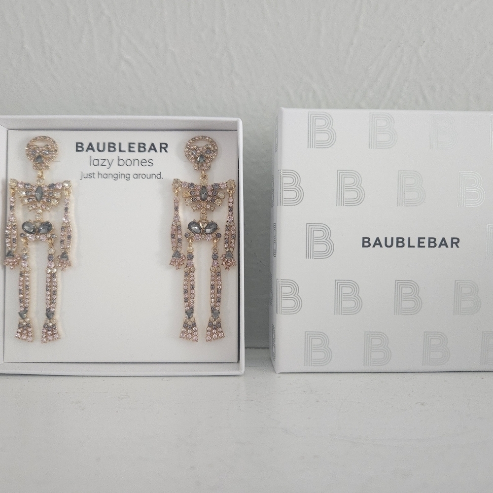BaubleBar Rose Gold and Gray Crystal Skeleton Drop Earrings
